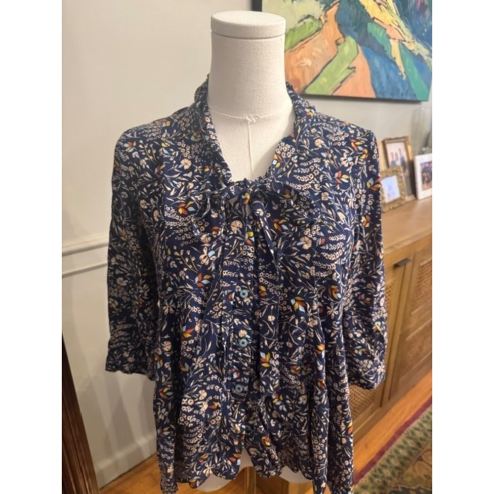 Maeve Anthropologie Navy Floral Tie Neck Button Front Tunic Top Petite XSmall